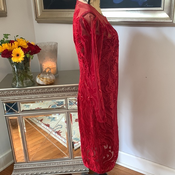 MARCHESA Notte Designer Velvet Sequin long sleeve dress red 6 8 sheer - Picture 4 of 11